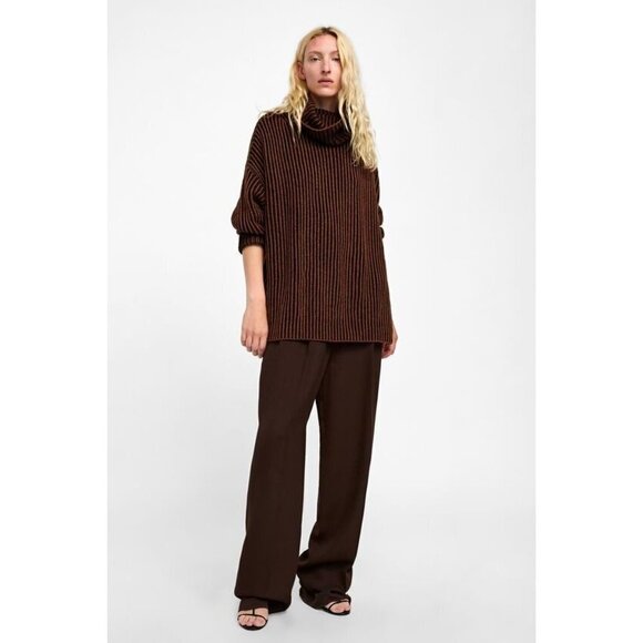 Zara Striped Earth Tone Turtle Neck Wool  Blend Sweater.  Beautiful chunky knit - Picture 1 of 14